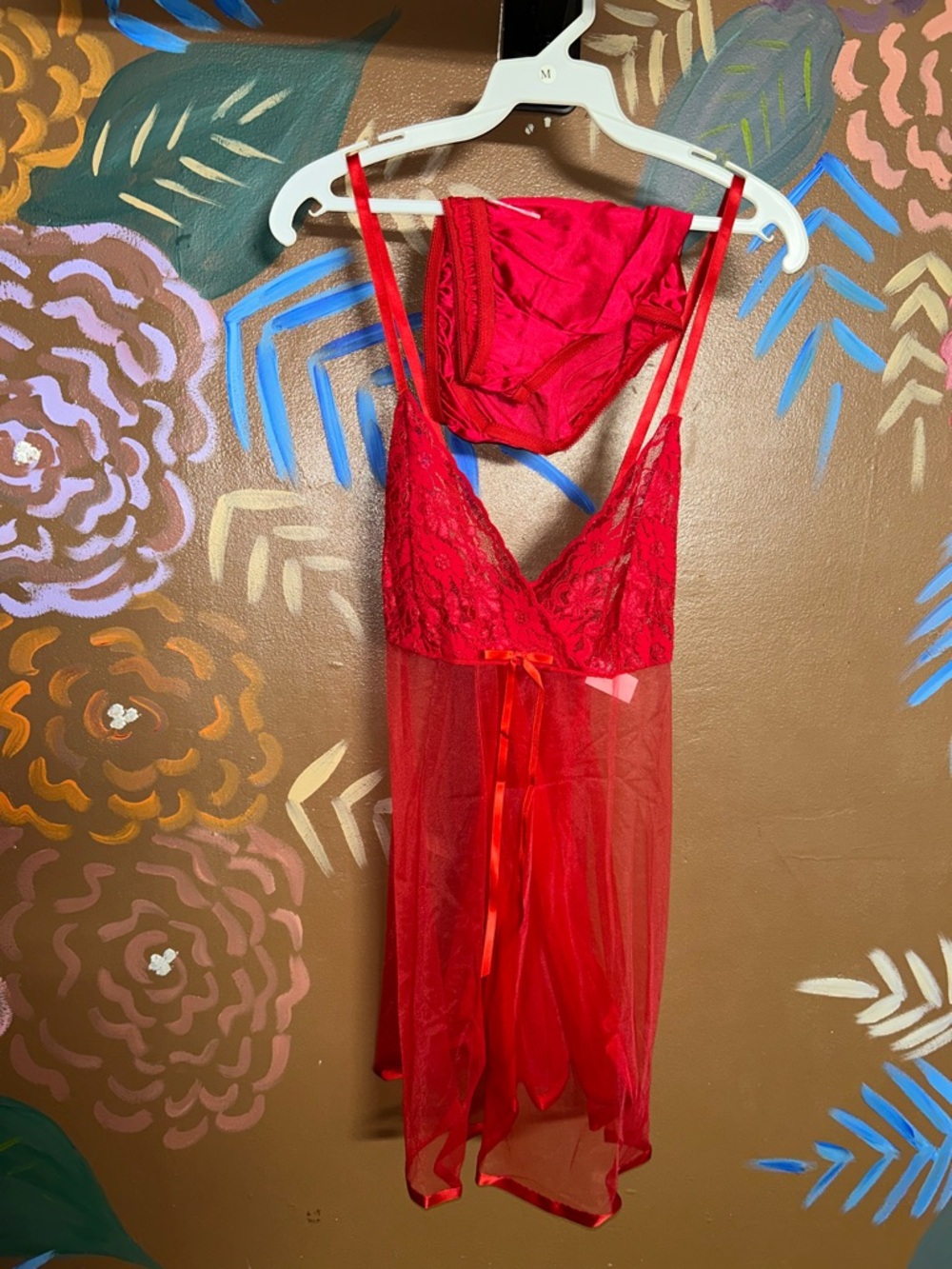 Petra Fashions Red Lace & Sheer Mesh Babydoll with Matching Panty